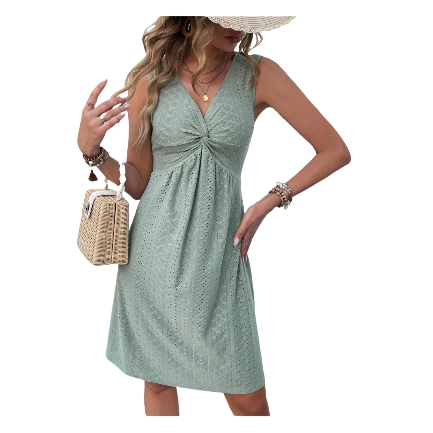 V-neck Knot Sleeveless Design Pleated Dress