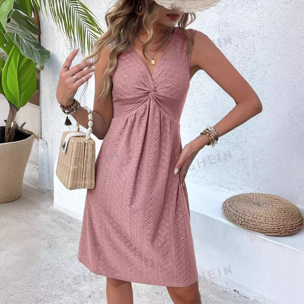 V-neck Knot Sleeveless Design Pleated Dress