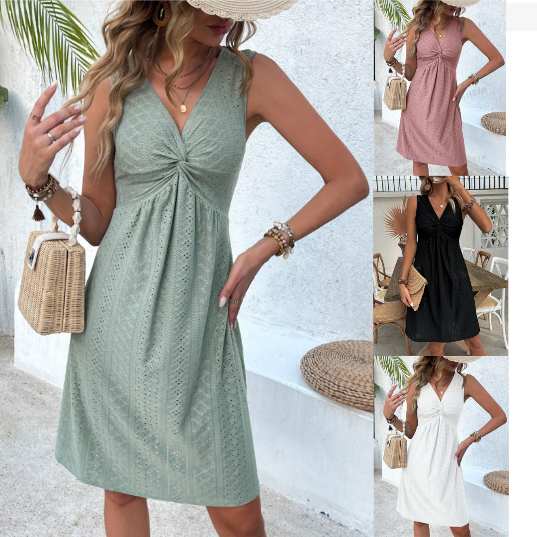 V-neck Knot Sleeveless Design Pleated Dress