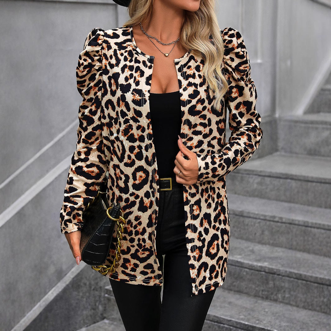 Women's Fashionable Leopard Print Cardigan Jacket Coat